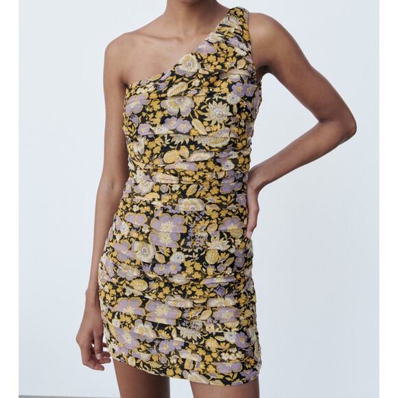 Zara Dresses & Skirts - Zara Floral Printed One Shoulder Draping Mini Dress Women’s XS
